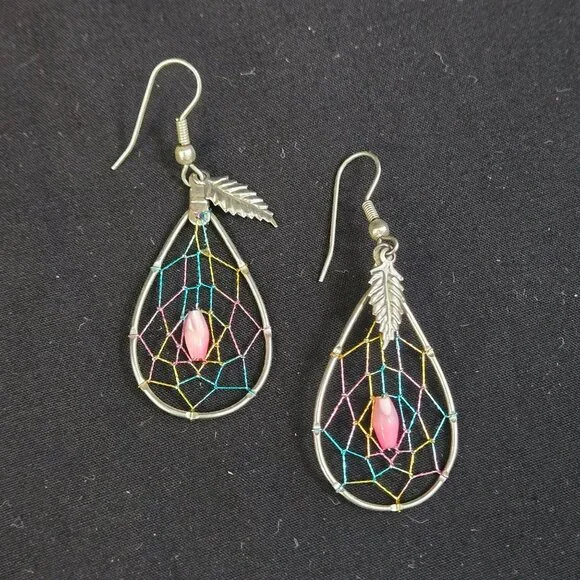 Dreamcatcher Dangle Earrings Multicolor Web Pink Bead Silver Tone Teardrop Boho - Picture 2 of 6